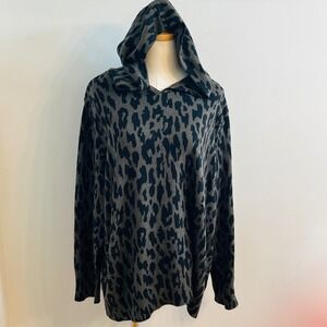 J. Jill Women 2X Leopard Print Hooded Sweater Olive Green Black Knit 326171 NEW